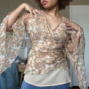 VINTAGE SILK BOHO PATTERN BELL SLEEVE BLOUSE